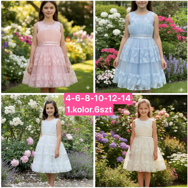 Sukienki dziewczęce Roz 4-14, 1 kolor Paczka 6 szt